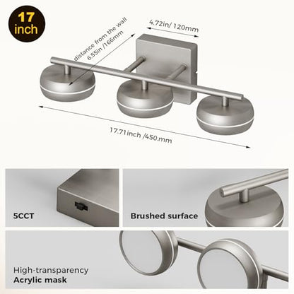 Vanity Light Fixture, 3-Light Brushed Nickel Bathroom Vanity Light with 5CCT, Dimmable Modern Wall Light for Mirror and Bathroom - size: 17.7 Inch Long