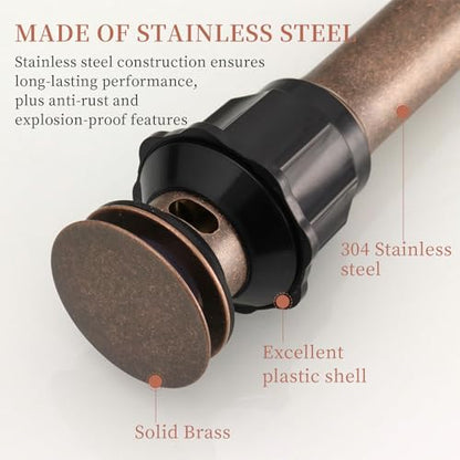 5/8 Inch Bathroom Faucet Vessel Vanity Sink Pop Up Drain Assembly Stopper | with Overflow Push & Seal Copper by Homevacious - color: Copper, style: With Overflow