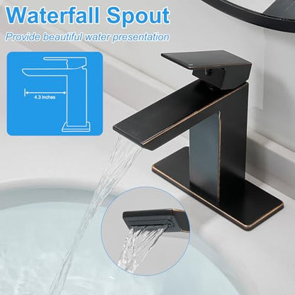 RUMOSE Bathroom Faucets 1 & 3 Hole Vanity Faucet with Drain Bronze | Single Handle Bathroom Sink Faucet Set Waterfall Spout Kit with Deck Plate Rv Lavatory Basin Faucet, Stainless Steel - color: Oil Rubbed Bronze