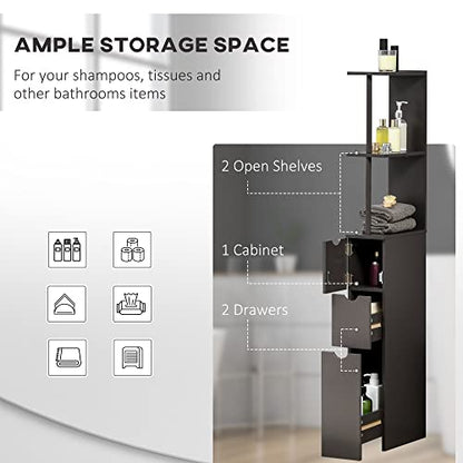 HOMCOM 54" Tall Bathroom Storage Cabinet, Freestanding, 2-Tier Shelf, Brown | Linen Tower, Drawers, Narrow Side Floor Organizer - color: Brown