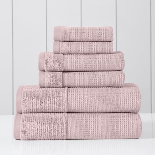 Modern Threads Waffle-Rib 6-Piece Towel Set – Premium Cotton Bath Towels, Ultra-Absorbent & Soft, Elegant Waffle Texture for Bathroom & Spa, Petal - color: Petal