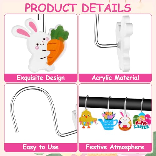 12Pcs Shower Curtain Hooks Hangers Decorative Metal Rustproof Bathroom Room Pendants Decor Accessories with Bunny Happy Carrot Flower Chick Rabbit Stainless Curtains Rings
