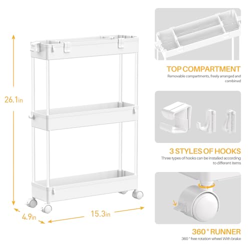 Slim Storage Cart 3 Tier,Bathroom Organizer Rolling Utility, Mobile Shelving Unit Slide Out for Office, Kitchen, Laundry Room & Narrow Places,White - color: White