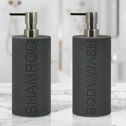 Resin 2 Pack Shampoo, Conditioner or Body Wash Dispenser Set, Luxurious Refillable Pump Bottles with Matte Pump Top and Embossed Text, Durable Design for Bathroom and Shower - color: Gray Shampoo & Body Wash