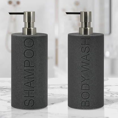 Resin 2 Pack Shampoo, Conditioner or Body Wash Dispenser Set, Luxurious Refillable Pump Bottles with Matte Pump Top and Embossed Text, Durable Design for Bathroom and Shower - color: Gray Shampoo & Body Wash