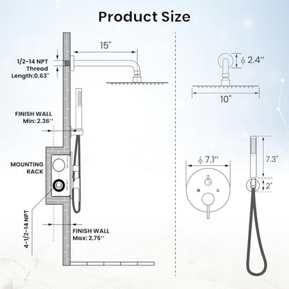 gotonovo Shower Faucet Set with Rough-in Valve Trim Kit,Matte Black | 10 Inch Round Rain Showerhead with Handheld Spray,Bathroom Wall Mount Shower System Complete Combo,2-in-1 Diverter,All Metal - color: Black