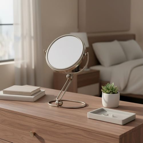 JERDON 5.5" Tabletop Makeup Mirror - 10X Magnification - Nickel - MC450N | Folding Compact for Travel, 1X Reverse Side, 10" Open Height - size: 1"L x 5.8"W