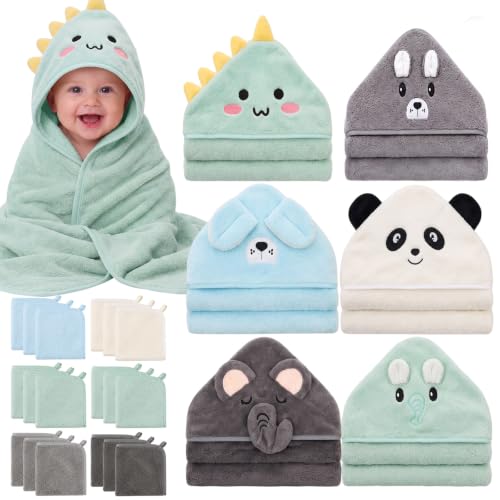 Tegeme 24 Pcs Large Hooded Baby Towel with Washcloths,Zoo Animals | Ultra Absorbent, Toddler, 6 Bath Towel, 18 Washcloths 10inch, Coral Fleece, Newborn, Infant, Boy, Girl, Baby Shower, Birthday - style: Zoo Animals