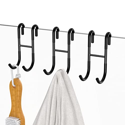 Over Shower Glass Door Hook, 304 Stainless Steel Rack Hooks, Frameless Bathroom Hanger Drilling-Free, Glue-Free Towel Hooks, 3 Pack, Black Shower Squeegee Hooks, for 0.47inch(12mm) Thickness Glass - color: Black, size: 3PC