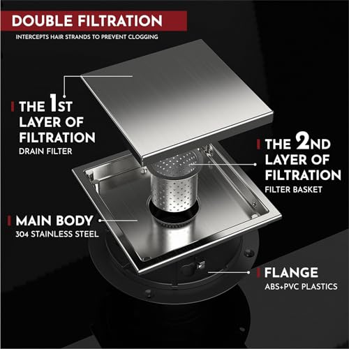 6 Inch Square Shower Drain Brushed Floor Drain with Flange Reversible 2-in-1 Cover Tile Insert Grate Removable SUS304 Stainless Steel CUPC Certified Brushed - color: Brushed, size: 6 Inch