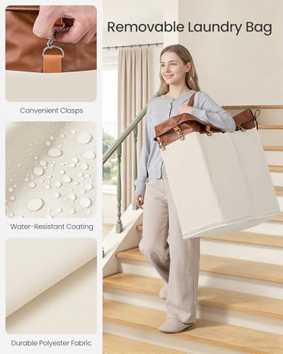 SONGMICS Laundry Basket with Wheels, 2-Section, 37.0 Gallons (140 L) | Rolling Laundry Hamper, Removable Liner, Steel Frame with Handle, 27.2 x 15.4 x 31.9 Inches, STEVIE Collection URLS004KQ02 - color: Coffee Brown + Cream White, size: 140 L (2-Section)