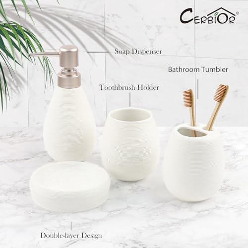 CERBIOR Bathroom Accessories Set,4 PCS Ceramic Bath Accessory,White | Includes Toothbrush Holder, Toothbrush Cup, Soap Dish for Decorative Countertop and Housewarming Gift - style: White
