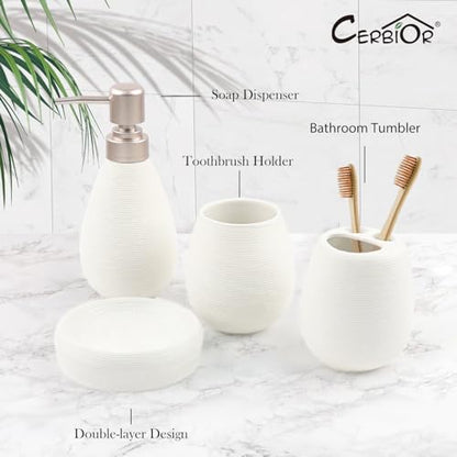 CERBIOR Bathroom Accessories Set,4 PCS Ceramic Bath Accessory,White | Includes Toothbrush Holder, Toothbrush Cup, Soap Dish for Decorative Countertop and Housewarming Gift - style: White