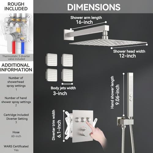 Thermostatic Shower System with Body Jets, STARBATH 12" Rain Showerhead with 2 Modes Handheld Spray, Can Use All at Once, Thermostatic Shower Jets System in Wall Shower Faucet Sets, Brushed Nickel - color: Brushed Nickel, size: 12"-05