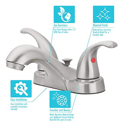 Two-Handle Centerset Bathroom Sink Faucet, Brushed Nickel | 1.2 GPM Flow, 3-Hole, Decorative Lever Handles, Deck Mount, WaterSense, Double Handle Faucet, Bathroom Sink Fixtures - color: Brushed Nickel