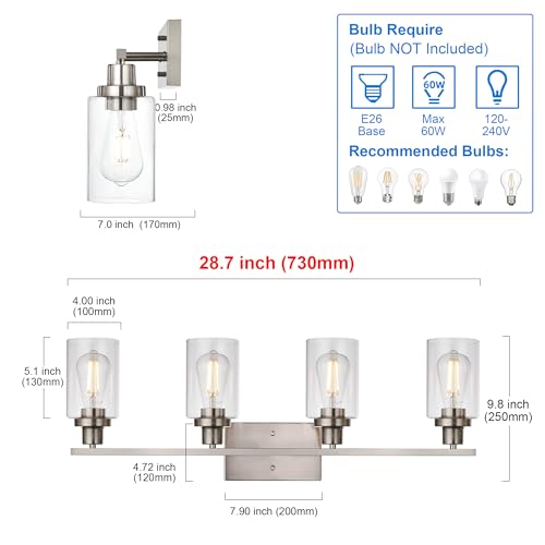 MELUCEE Bathroom Light Fixtures Brushed Nickel 4 Heads with Clear Glass | Modern Vanity Lights Wall Sconce with Clear Glass Shade for Hallway Kitchen Bedroom Living Room (Patent No.: US D963914 S) - color: Brushed Nickel, size: 4-Light