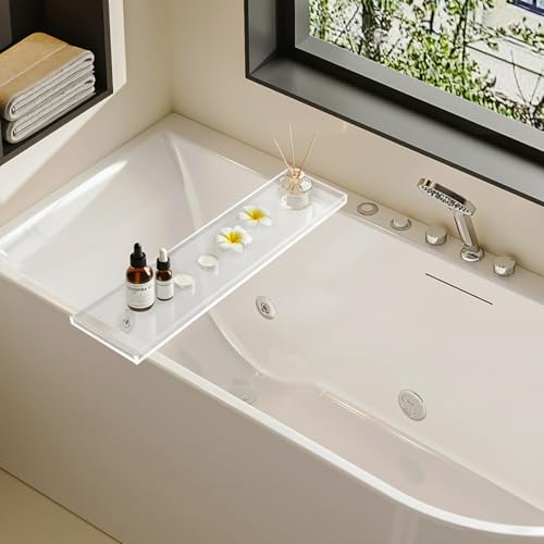Acrylic Bath Tray Transparent Bathtub Shelf Towel Tray with Wine Holder | Durable Thick Acrylic Build | Stable For Drinks And Books | Modern Minimalist Look