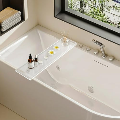Acrylic Bath Tray Transparent Bathtub Shelf Towel Tray with Wine Holder | Durable Thick Acrylic Build | Stable For Drinks And Books | Modern Minimalist Look