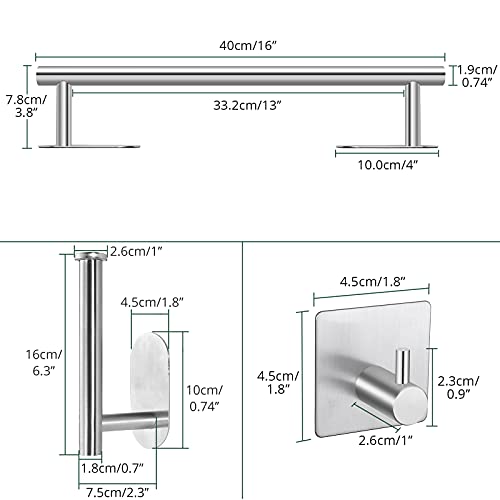 Self Adhesive Towel Bar, JiGiU Bathroom Hardware Set Include 16-Inch Bath Towel Bar,Toilet Paper Holder & 3 Packs Towel Hooks SUS304 Stainless Steel Wall Mount No Drill Sticky on Towel Holder Kit | With 16" Bath Towel Bar,Toilet Paper Holder & 3PCs Towel