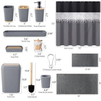 Bathroom Accessory Set – Bathroom Set with Glitter Shower Curtain, Towel Set,24 Piece Grey Shower Curtain, Bathroom Accessories Set with Shower Curtain Set for Home Decor - size: Bath Set+Shower Curtain, style: Grey