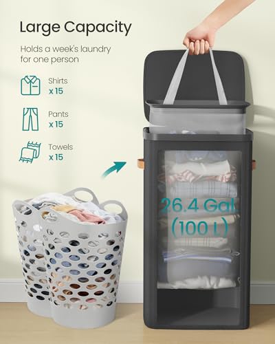 SONGMICS Laundry Basket, 26.4 Gal. Laundry Hamper, Easy Assembly, with Lid and Handles, Removable Liner, 16.5 x 12.6 x 29.5 Inches, Ink Black ULCB811BH01 - color: Ink Black, size: 100 L (1-Section)