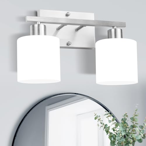 SILAMPDI Bathroom Lighting Fixtures Over Mirror Brushed Nickel, Modern 2-Light Vanity Lights Fixtures, Wall Sconces Light for Bedroom, Hallway, Milky White Glass Shades, E26 Base, Bulbs Not Included - color: Brushed Nickel-2Light