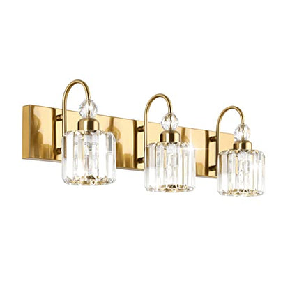 Ralbay Brass Gold Bathroom Vanity Lights 3-Lights Brass Gold Crystal Vanity Lights Over Mirror Modern Crystal Brass Gold Bathroom Vanity Lighting Fixtures - color: Round-Brass, size: 3-light
