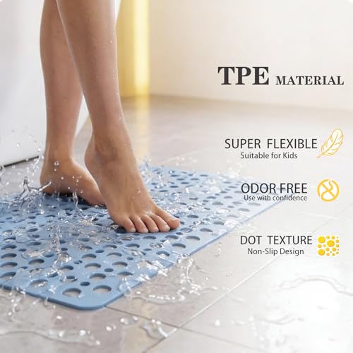 Nonslip Bathtub Mat Extra Soft TPE Bath Mat for Kids, Machine Washable Bathroom Shower Mat, Smooth/Non-Textured Tubs Only, 30L x 17W Inch (Blue) - color: Blue, size: 30" x 17" (Rectangular)
