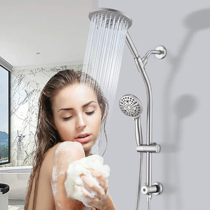 High Pressure Shower Head with Handheld Shower, 26" Adjustable Height Drill-Free Slide Bar, 3-Way Diverter for Easy Reach, Dual Shower Head Combo Set with 5ft Hose - Brushed Nickel - color: Brushed Nickel