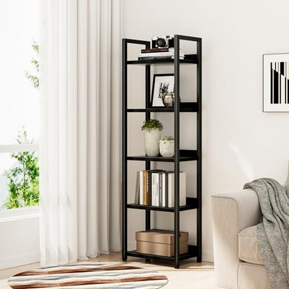 NUMENN Narrow Bookshelf, 5 Tier Bookshelves, Home Office Bookcase Shelf Storage Organizer, Free Standing Storage Shelving Unit for Bedroom, Living Room and Home Office, Black | Metal Frame & Wood Shelves, Falling Prevention Baffle, Open Storage Bookcase f