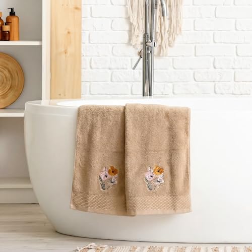 SmoothNovelty 2 Pcs Neutral Boho Floral Hand Towels Light Khaki Bathroom Decor 14x29 Inch Embroidered 100% Cotton Soft Absorbent Spring Summer Decorative Hand Towels for Bathroom Kitchen - style: Neutral Boho Floral