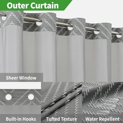 Grey No Hook Shower Curtain with Snap-in Liner Set,Boho Modern Farmhouse White Tufted Chevron Striped Design,Woven Fabric Bathroom Curtain,71x74 - color: White Grey, size: 71"W x 74"L (Pack of 1)