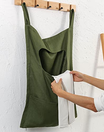 Amazhiyu Pure Linen Over The Door Laundry Hanging Hamper Bag with Bottom Zipper and Pockets Green - color: Green
