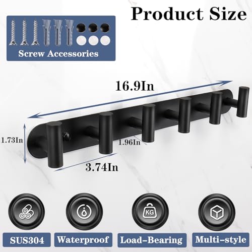 Wall Mounted Coat Hook Rack with 6 Heavy Duty Stainless Steel Hooks for Hanging Clothes, Jackets, Towels - Matte Black - color: Matte Black, size: 6 Hook