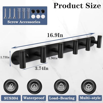 Wall Mounted Coat Hook Rack with 6 Heavy Duty Stainless Steel Hooks for Hanging Clothes, Jackets, Towels - Matte Black - color: Matte Black, size: 6 Hook