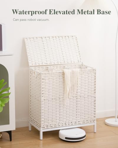 SETVSON Laundry Hamper with Lid, Large 132L Rattan Basket, White | 3-Section Large 35 Gal Clothes Hamper, 3 Removable Bags, Heightened Metal Feet, 6 Mesh Laundry Bags, Steel Frame - color: Cloud White, size: 132 L - 35 gal