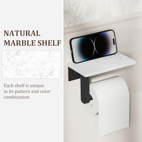 BWE Matte Black Toilet Paper Holder with Marble Shelf Wall Mounted | Toilet Paper Roll Holder with Phone Shelf 304 Stainless Steel Tissue Holder for Bathroom Washroom,Saving Space - color: Black