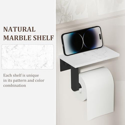 BWE Matte Black Toilet Paper Holder with Marble Shelf Wall Mounted | Toilet Paper Roll Holder with Phone Shelf 304 Stainless Steel Tissue Holder for Bathroom Washroom,Saving Space - color: Black