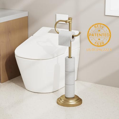 Toilet Paper Holder Floor Stand, Bathroom Freestanding Gold | Toilet Tissue Roll Holder, Free Standing Rack with Storage, Weighted Base Accessories, SUS304 Stainless Steel Rustproof - color: Gold