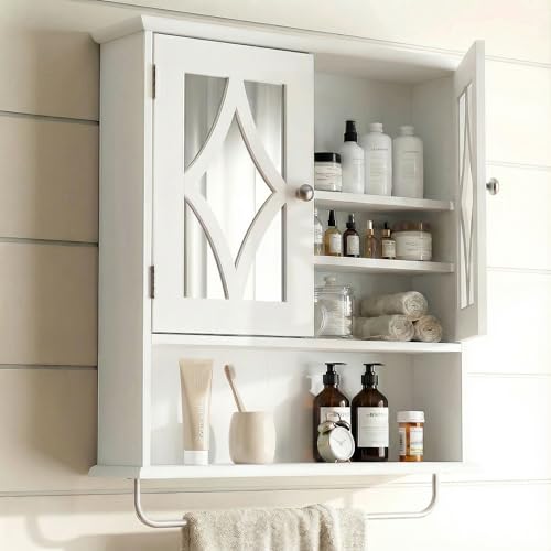 RoyalCraft Bathroom Wall Cabinet with Mirror, Over the Toilet Storage Cabinet with Towel Rack and Adjustable Shelf, Large Bathroom Medicine Cabinet Wall Mount 22x25 inch (White) - color: White