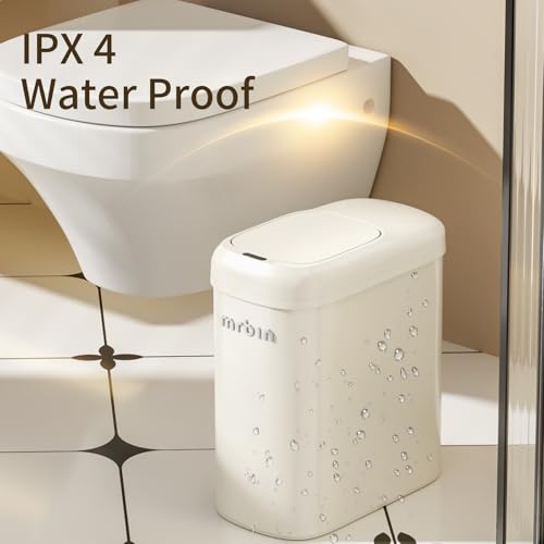 MRBIN Motion Sensor Adsorption Bag Bathroom Trash Can with Lid and Wheels, 10L/2.6gal Automatic Waste Basket Slim Electric Metal Garbage Bin for Office, Bedroom, Rv, Cream White