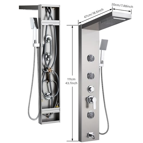 AlenArt Shower Panel Massage Jets Rainfall Waterfall Shower Head, Shower Stainless Steel Wall Mount Massage Multi-Function Bathroom Shower Panel Tower System, Brushed Nickel…… - color: Brushed Nickel
