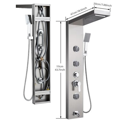 AlenArt Shower Panel Massage Jets Rainfall Waterfall Shower Head, Shower Stainless Steel Wall Mount Massage Multi-Function Bathroom Shower Panel Tower System, Brushed Nickel…… - color: Brushed Nickel