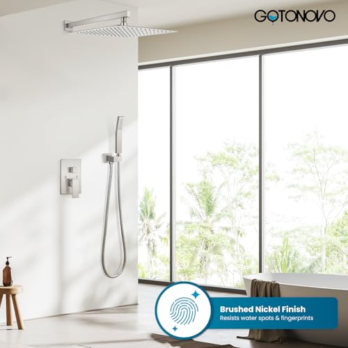 gotonovo Rainfall Bathroom Shower System Rain Shower Head and Handle Set Wall Mounted Shower Complete Combo Solid Brass Pressure Balancing Shower Mixer Valve 16 Inch Brushed Nickel - color: Brushed Nickel, size: 16 Inch