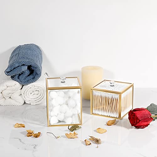 Hipiwe 2 Pack Glass Qtip Holder Dispenser With Lid Gold Bathroom Containers | Vanity Canisters for Cotton Balls Makeup Sponges Bath Salts Candles, Countertop Storage Organizer Jar