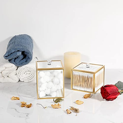 Hipiwe 2 Pack Glass Qtip Holder Dispenser With Lid Gold Bathroom Containers | Vanity Canisters for Cotton Balls Makeup Sponges Bath Salts Candles, Countertop Storage Organizer Jar