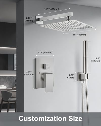 Aolemi Shower System with Rain Head and Handheld,16-Inch,Brushed Nickel | High-Pressure Shower Faucet Set with Dual-Function Handheld,Rough-In Valve,1.8 GPM,Wall-Mount Trim Kit - color: Brushed Nickel, size: 16 Inch