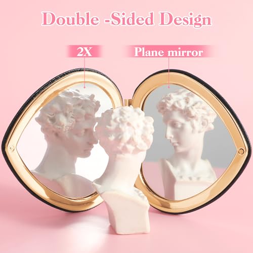 Qianyu Compact Folding Heart Shaped Double-Sided 1X/2X Magnifying Mini Glitter Makeup Mirror with PU Leather for Women Home, Office and Travel (Gold) - color: Gold