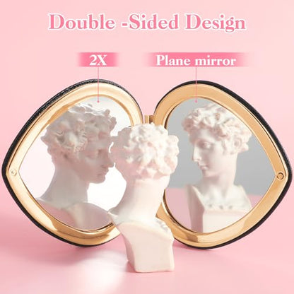 Qianyu Compact Folding Heart Shaped Double-Sided 1X/2X Magnifying Mini Glitter Makeup Mirror with PU Leather for Women Home, Office and Travel (Gold) - color: Gold