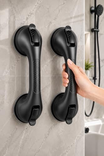 Gel-Enhanced Shower Grab Bars for Seniors and Elderly, 2 Pack Heavy Duty Suction Grab Bars for Bathtubs and Showers, No Drill Removable Bathroom Handles for Toilet, Tub, and Shower Support - color: Black